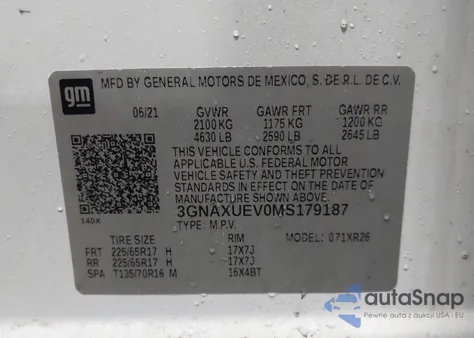 2021 Chevrolet Equinox Awd Lt from USA, damaged, VIN 3GNAXUEV0MS179187